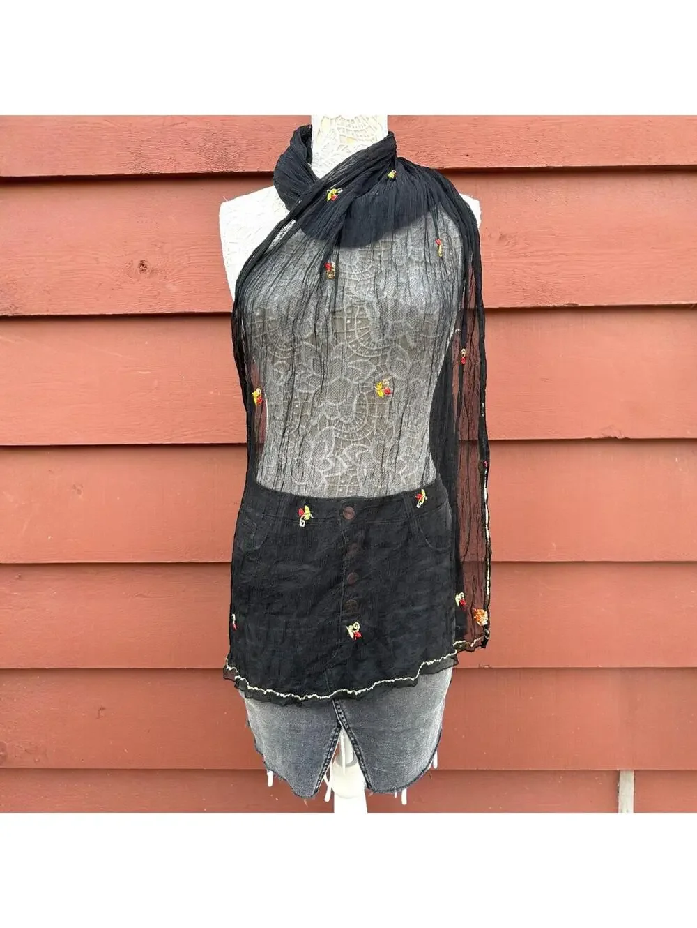 Vintage Whimsigoth Sheer Black Floral Embroidered Wrap